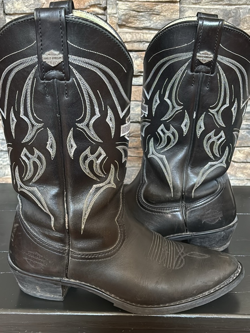 Harley-Davidson Black Leather Cowboy Boots with White Stitching